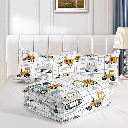 Datura home Construction Truck Set for Boys Kids Children, Machinery Excavators Vehicles Cartoon Tractor Bedding with 1 and 2 Pillowcases(ConstructionTruck Full), Full 80x90inches