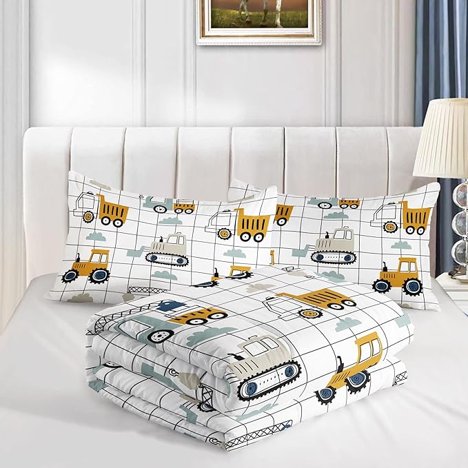 Datura home Construction Truck Comforter Set for Boys Kids Children,Machinery Truck Excavators Vehicles Cartoon Tractor Bedding Set with 1 Comforter and 2 Pillowcases(Construction Truck Twin) 68x86in