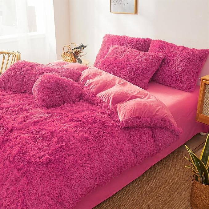 Fluffy hot pink comforters Cover twin size - Ultra Soft Plush hot pink bedding Sets 2 Pieces (1 faux fur comforter Cover + 1 fuzzy pillow case) girls shaggy hot pink twin bed set (Hot Pink, Twin)