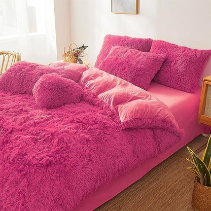 Fluffy hot pink comforters Cover twin size - Ultra Soft Plush hot pink bedding Sets 2 Pieces (1 faux fur comforter Cover + 1 fuzzy pillow case) girls shaggy hot pink twin bed set (Hot Pink, Twin)