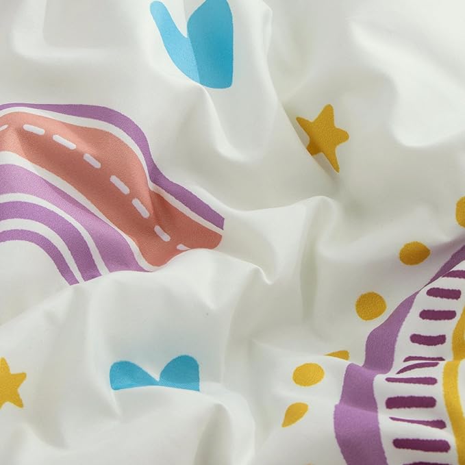 Btargot Lightweight Soft 3 Piece Rainbow Comforter Set with 2 Pillow Covers, Cartoon Love Hearts Suns and Stars Bedding Set for Girls Boys Kids, Full Purple