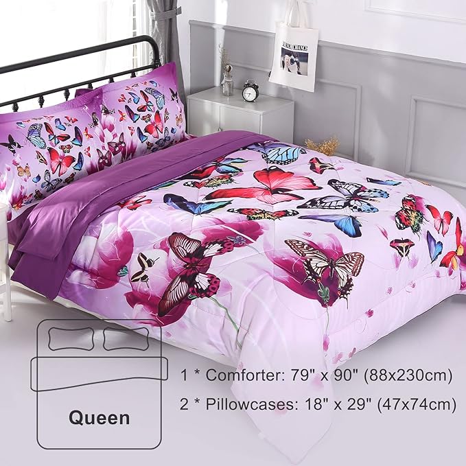 ENCOFT Butterfly Comforter Queen Size, 3 Pieces Girls Teen Kids Quilted Bedspread Queen Bed Comforter Bedding Sets, All Seasons Microfiber Purple Butterfly Bedding Set, with Pillowcase