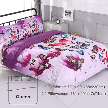 ENCOFT Butterfly Comforter Queen Size, 3 Pieces Girls Teen Kids Quilted Bedspread Queen Bed Comforter Bedding Sets, All Seasons Microfiber Purple Butterfly Bedding Set, with Pillowcase