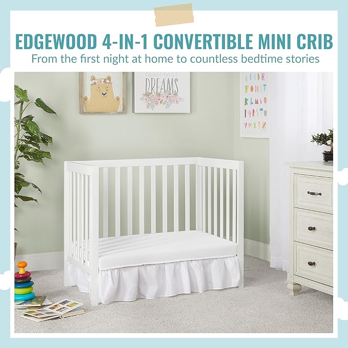 Edgewood 4-In-1 Convertible Mini Crib In White, JPMA Certified, Non-Toxic Finish, New Zealand Pinewood, With 3 Mattress Height Settings, Included 1" Mattress Pad