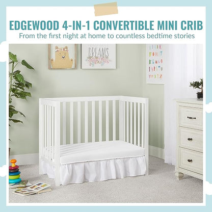 Edgewood 4-In-1 Convertible Mini Crib In White, JPMA Certified, Non-Toxic Finish, New Zealand Pinewood, With 3 Mattress Height Settings, Included 1" Mattress Pad