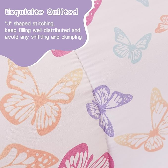Butterfly Kids Comforter Set for Girls Full Size, Cute Reversible Quilted Lavender Printed Bedding Set with Pillow Sham, Lightweight Soft Breathable Machine Washable Bed Set 3 Piece