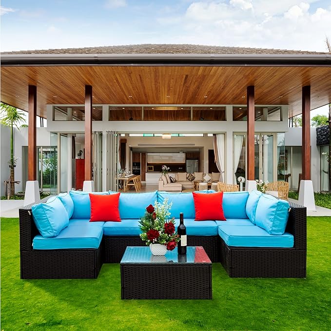 5 Pieces Outdoor Furniture PE Rattan Patio Sectional U Shaped Conversation Sofa Set with Table and 2 Pillows for Garden, Yark, Lawn, Backyard, Onesize, Black Wicker+Blue Cushion