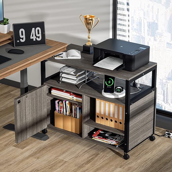 Lateral File Cabinets with Socket & USB Charging Station, Lockable Office File Cabinets Rolling Printer Stand with Open Storage Shelves for Home Office Organization & Storage