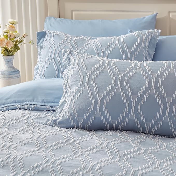 EMME Twin Comforter Set - 5 Pcs Blue Boho Bedding Sets, Twin Size Tufted Comforter with Sheets, Shabby Chic Embroidery Bed Set Fluffy Bed Bag for All Season(68"X90")