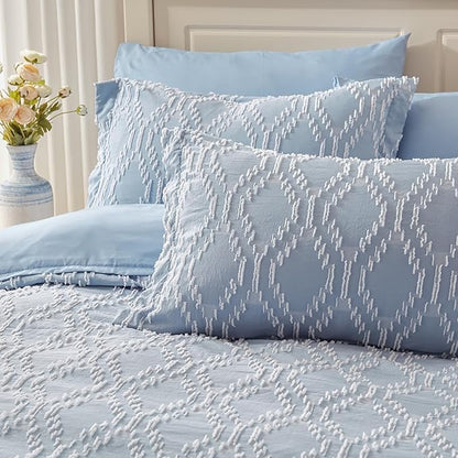 EMME Twin Comforter Set - 5 Pcs Blue Boho Bedding Sets, Twin Size Tufted Comforter with Sheets, Shabby Chic Embroidery Bed Set Fluffy Bed Bag for All Season(68"X90")