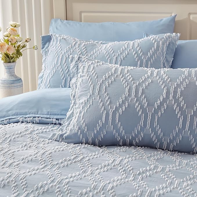 EMME Queen Comforter Set - 7 Pcs Blue Boho Bedding Sets, Full Size Tufted Comforter with Sheets, Shabby Chic Embroidery Queen Bed Set Fluffy Bed Bag for All Season(90"X90")