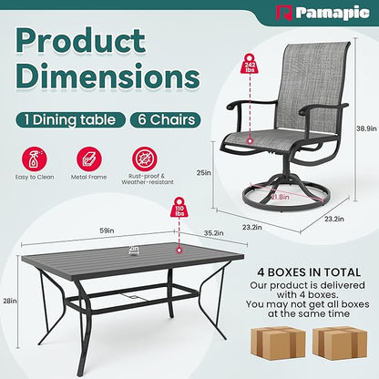 Pamapic 7 Pieces Patio Dining Set, Outdoor Dining Set All-Weather for Backyard Poolside Garden Deck, Modern Outdoor Table and Chairs Set with 6 Textilene Swivel Chairs,Gray