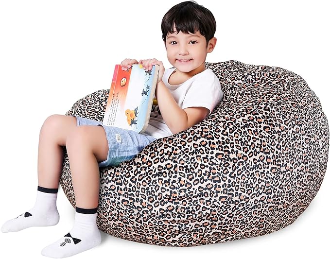 Lukeight Stuffed Animal Storage Bean Bag Chair Cover for Kids, Zipper Beanbag Chair Cover for Organizing Toddler & Kids' Rooms Plush Toys (Leopard Velvet, XX-Large)
