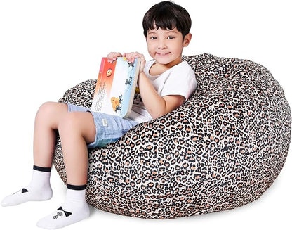 Lukeight Stuffed Animal Storage Bean Bag Chair Cover for Kids, Zipper Beanbag Chair Cover for Organizing Toddler & Kids' Rooms Plush Toys (Leopard Velvet, XX-Large)