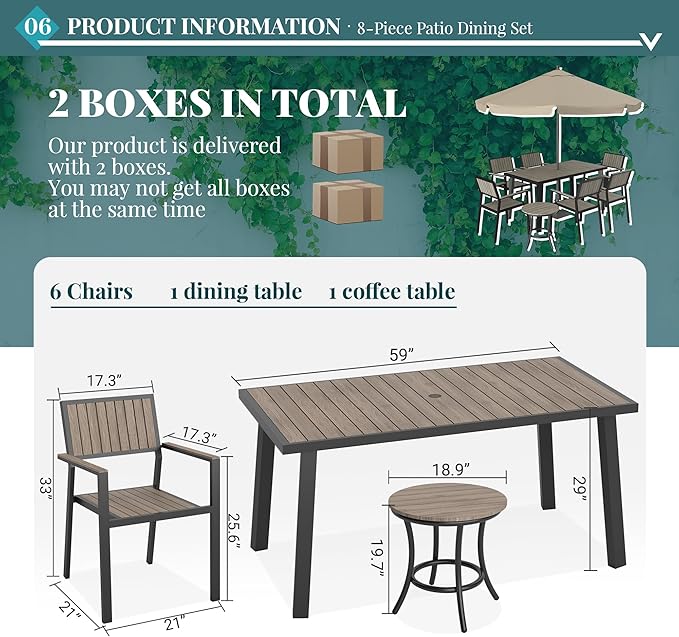 Pamapic 8-Piece Patio Dining Set，Outdoor Aluminum Furniture Set with Plastic-Wood Table Top,Outdoor Furniture Set with 6 Outdoor Stackable Chairs for Patio Garden Poolside，Walnut