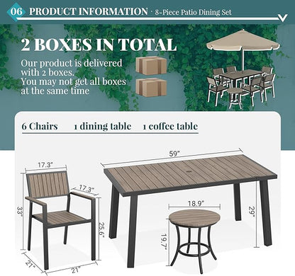 Pamapic 8-Piece Patio Dining Set，Outdoor Aluminum Furniture Set with Plastic-Wood Table Top,Outdoor Furniture Set with 6 Outdoor Stackable Chairs for Patio Garden Poolside，Walnut