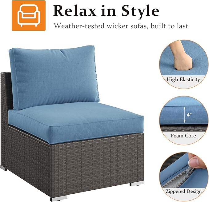 Wisteria Lane 2 Pieces Patio Furniture Sets, Outdoor Sectional Furniture with Armless Sofa, Tempered Glass Table and Cushion, Patio Conversation Sets for Garden Backyard, Blue