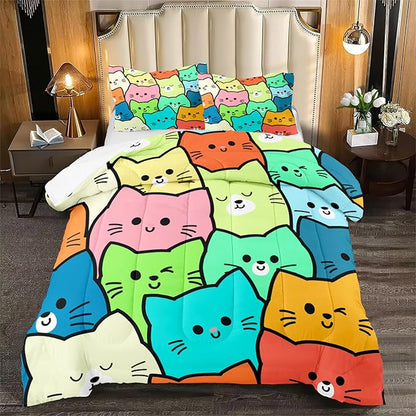 Cat Bedding Set Full Size - 3 Piece Cartoon Cat Comforter Set for Girls Boys Kids Bedroom Colorful Animals Print Home Bedding Decor for All Season Soft Warm 1 Cat Quilt Cover with 2 Pillowcases