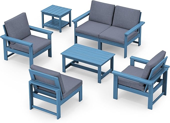 SERWALL HDPE Patio Coversation Set, 7-piece Outdoor Sectional Sofa Set, All Weather Patio Couch Set Patio Furniture for Balcony, Deck, Navy Frame with Grey Cushion