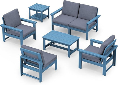 SERWALL HDPE Patio Coversation Set, 7-piece Outdoor Sectional Sofa Set, All Weather Patio Couch Set Patio Furniture for Balcony, Deck, Navy Frame with Grey Cushion