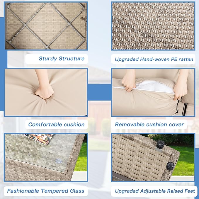 Shintenchi 7 Pieces Outdoor Patio Sectional Sofa Couch,Natural PE Wicker Furniture Conversation Sets with Washable Cushions & Glass Coffee Table for Garden, Poolside, Backyard (Khaki)