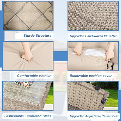 Shintenchi 7 Pieces Outdoor Patio Sectional Sofa Couch,Natural PE Wicker Furniture Conversation Sets with Washable Cushions & Glass Coffee Table for Garden, Poolside, Backyard (Khaki)