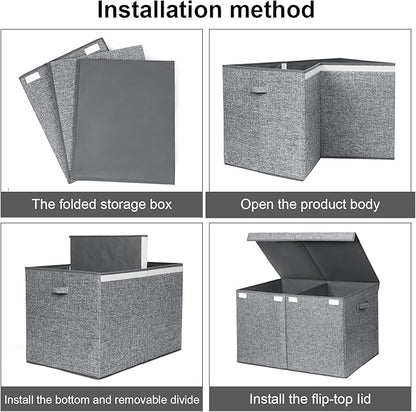 popoly 122L Large Toy Box Chest with Lid, Foldable Toy Storage Organizer Bin Boxes with Removable Divider for Kids, Boys, Girls, Nursery, Playroom, 26"x17" x17"(Linen Gray)