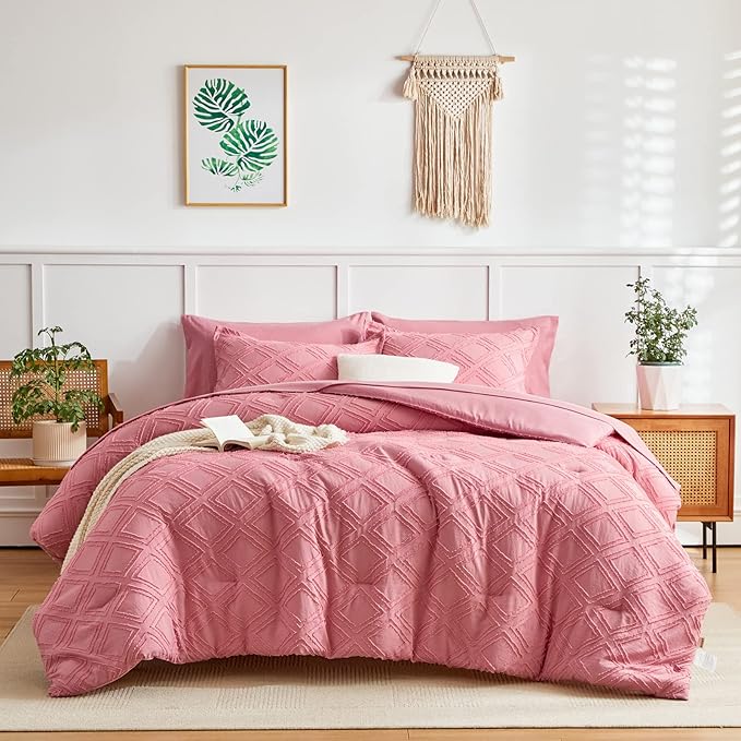 7 Pieces Tufted Bed in a Bag King Comforter Set with Sheets Pink, Soft and Embroidery Shabby Chic Boho Bohemian, Luxury Solid Color with Diamond Pattern, Jacquard Tufts Bedding Set for All Season