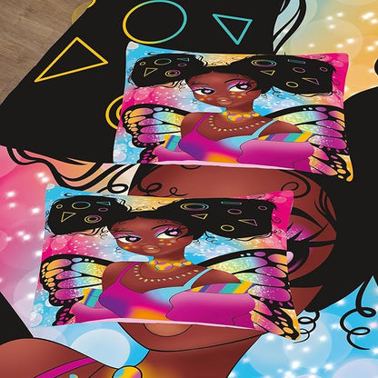 Tailor Shop Fantasy Black Girl Comforter Set Rainbow Butterfly Queen Size Bedding Sets for Girls Kids Kawaii Magic African American Black Girl Bedding Set with 2 Pillowcase Girls Room Decor