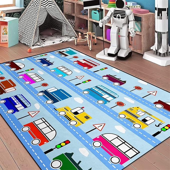 Car Rug Car Play Mat Kids Rugs for Playroom Car Rug Play Mat Rugs for Boys Bedroom Car Carpet for Kids Play Rug for Cars and Trucks Car Rug for Boys Room,Light Blue 4'5''×6'