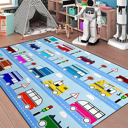 Car Rug Car Play Mat Kids Rugs for Playroom Car Rug Play Mat Rugs for Boys Bedroom Car Carpet for Kids Play Rug for Cars and Trucks Car Rug for Boys Room,Light Blue 3'×5'