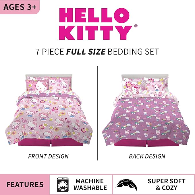 Franco Kids Bedding Super Soft Comforter and Sheet Set with Sham, 7 Piece Full Size, Hello Kitty