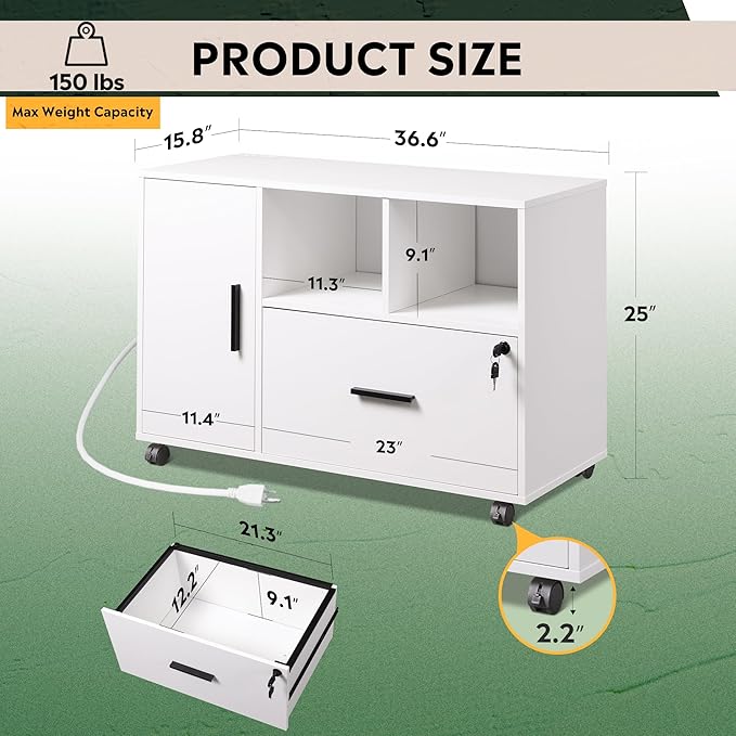DEVAISE File Cabinet with Charging Station, 1-Drawer Lateral File Cabinets with lock for home office, Wooden Rolling Printer Stand with Shelves, White