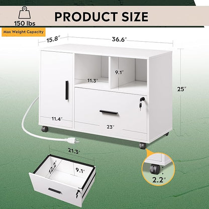 DEVAISE File Cabinet with Charging Station, 1-Drawer Lateral File Cabinets with lock for home office, Wooden Rolling Printer Stand with Shelves, White