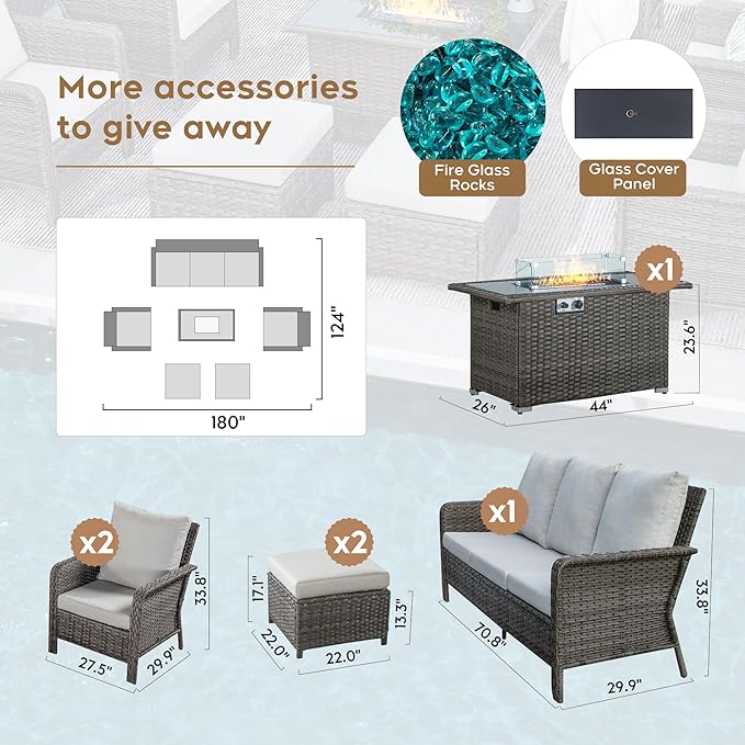 Yechen Patio Conversation Set 7 Seats with 44" Propane Gas Fire Pit Table - 6 Pcs Outdoor Wicker Furniture Set with Lid & Wind Shields - Sectional Sofa Set for Porch,Backyard
