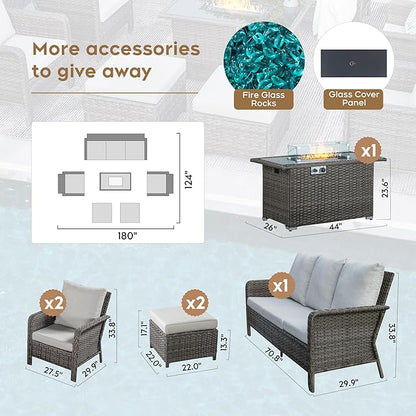 Yechen Patio Conversation Set 7 Seats with 44" Propane Gas Fire Pit Table - 6 Pcs Outdoor Wicker Furniture Set with Lid & Wind Shields - Sectional Sofa Set for Porch,Backyard