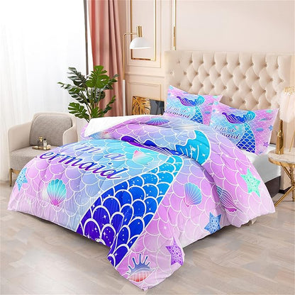 3Pcs Mermaid Girls Comforter Sets Queen Size Ultra Soft Mermaid Fish Scale Patterns Bedding Set Mermaid Bedroom Decor for Girls Mermaid Tail Scales Bed Set, 1 Comforter+2 Pillow Shams