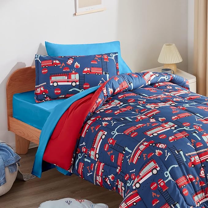 SLEEP ZONE Kids Bedding Comforter Set Full/Queen Size - 7 Pieces Super Cute & Soft Bedding Sets & Collections with Comforter, Sheet, Pillowcase & Sham - Fade Resistant Easy Care (Fire Truck)