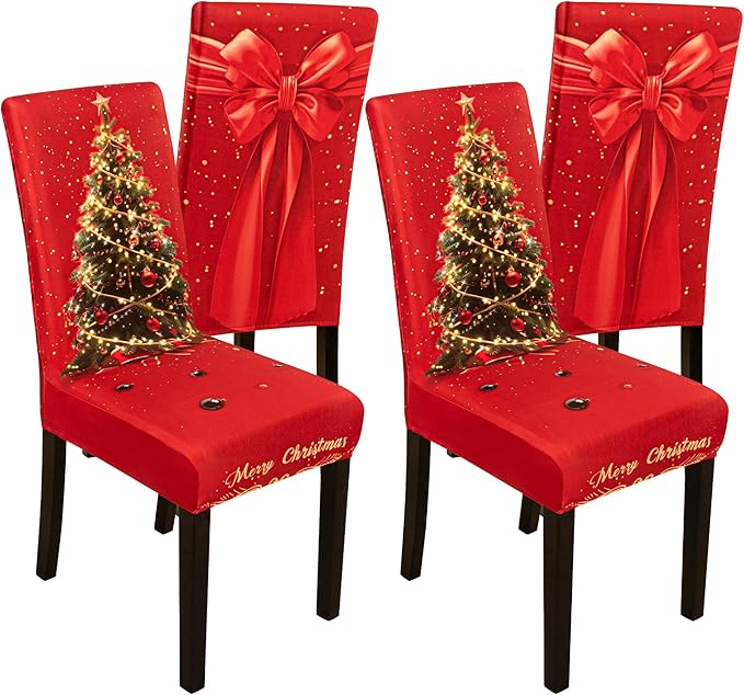 4PCS Christmas Dining Chair Covers Stretch Removable Washable Dining Room Chair Protector Slipcover 3D Print Xmas Tree Bow Tie Kitchen Chair Cover Slipcovers for Xmas Holiday Party Home Décor