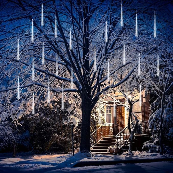 Christmas Lights Outdoor UL Certified Meteor Shower Lights 12Inch 8Tubes 192LED Falling Rain Drop Lights Icicle Snow Cascading Xmas Lights for Tree Wedding Party Garden Decoration,White