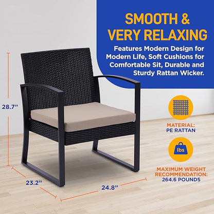 SereneLife Patio Outdoor Furniture, 3 Pcs. Per Set-includes 2 Single Chairs with Soft Cushion and 1 Glass-top Coffee Table, Black Weather-Resistant Resin Wicker Rattan, Brown