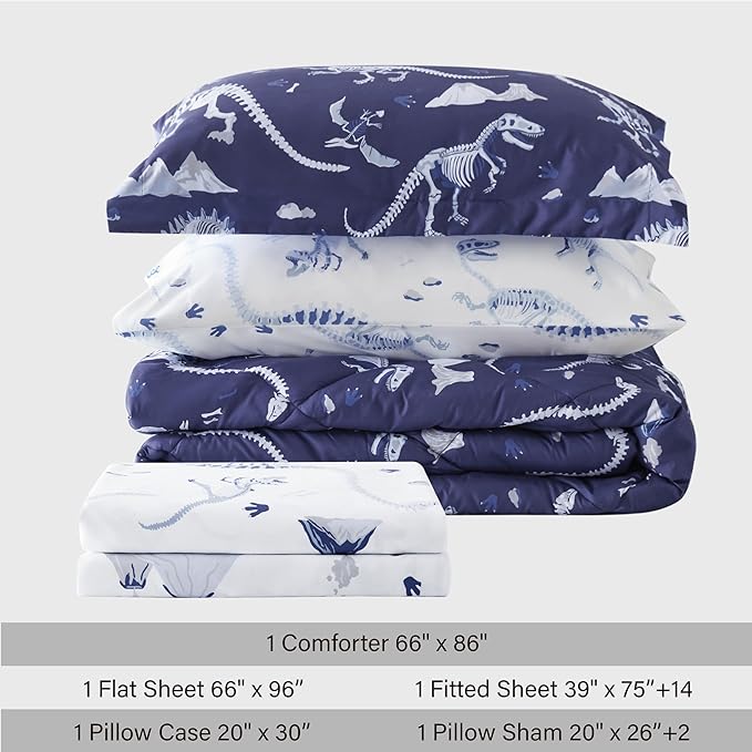 Twin Comforter Set for Boys,5 Pieces Dinosaur Kids Bedroom Bedding with Sheets and Pillowcase,Super Soft Lightweight for All Seasons,Blue,Machine Washable
