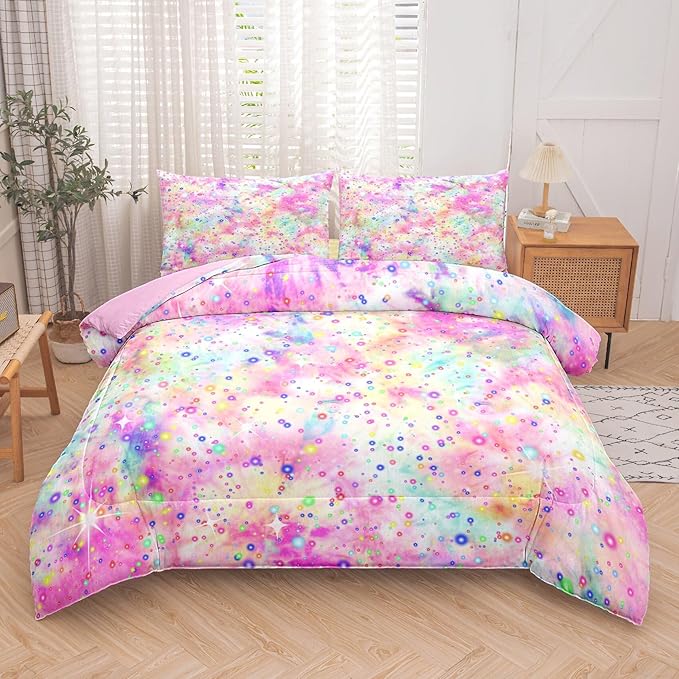 Pink Comforter Set for Girls, Bed in A Bag Twin Size, Purple Pink Tie Dye Pastel Comforter Set with Fitted Sheet and Flat Sheet