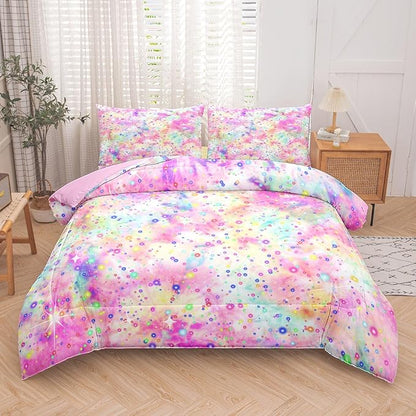 Pink Comforter Set for Girls, Bed in A Bag Twin Size, Purple Pink Tie Dye Pastel Comforter Set with Fitted Sheet and Flat Sheet