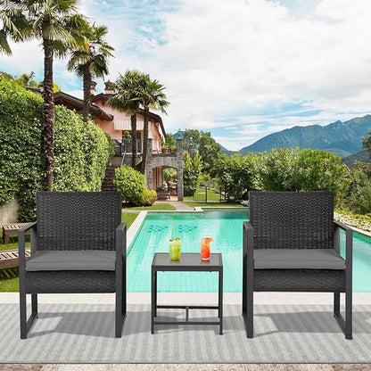 FDW 3 Piece Patio Furniture Sets Wicker Patio Chairs Rattan Outdoor Bistro Set Outdoor Furniture for Backyard Porch Poolside Lawn,Grey Cushion