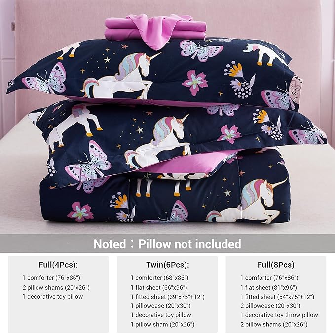 Mooreeke Kids Comforter Bed Set Twin Size for Girls, 6 Pieces Bed in a Bag with Shams, Sheet Set, Purple Pink Unicorn Twin Soft Microfiber Kids Comforter Bedding Set