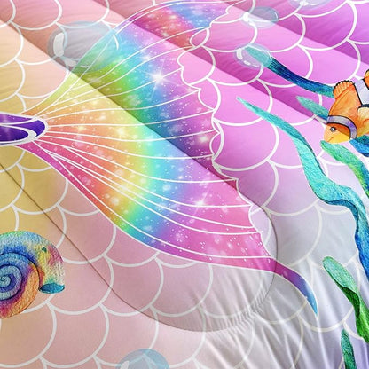 Datura home Bedding Comforter Set Rainbow Pink Mermaid Tail Printed Pattern Quilt with 1 and 2 Pillowcases for Girls Bedroom All Season(Rainbow Queen) Queen 90x90inches