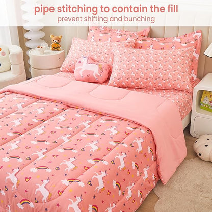 Mooreeke Full Size Comforter Sets for Girls Kids, 8 Pieces Bed in a Bag Pink Unicorn Rainbow Bedding Comforter Sheet Set with Shams and Decorative Toy Pillow, Ultral Soft Microfiber Kids Bed Set