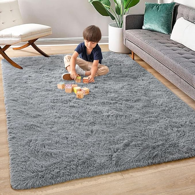 Super Soft Fluffy Shaggy Rugs 4x5.9 Feet for Living Room Bedroom, Fuzzy Plush Area Rugs for Girls Kids Room Nursery Home Decor, Furry Dorm Throw Rug Cute Non-Slip Indoor Floor Carpet, Grey