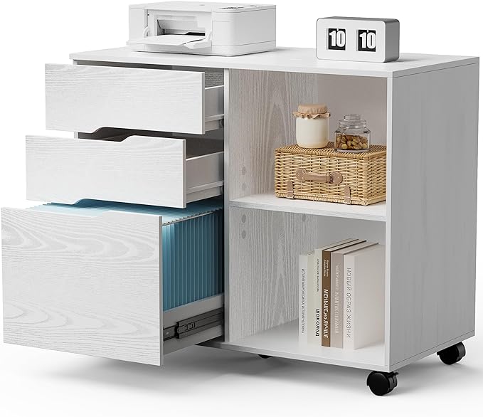 OLIXIS 3 Drawer File Cabinet Lateral Printer Stand with Adjustable Storage Shelves for Home Office Small Space, White